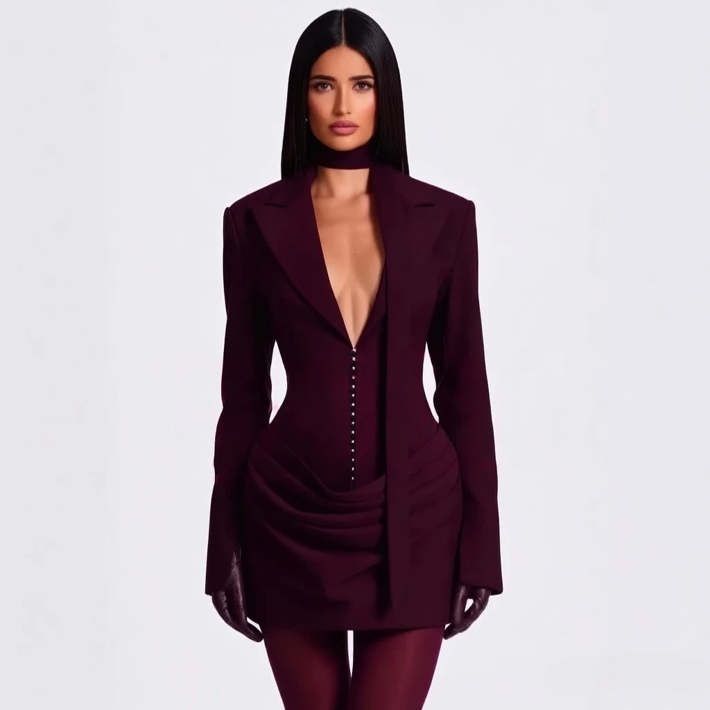 Suninheart Strong Shoulder Blazer Dress for Women Winter Belted Waist Dress Draped Hem Business Evening Dress Party 2025 New