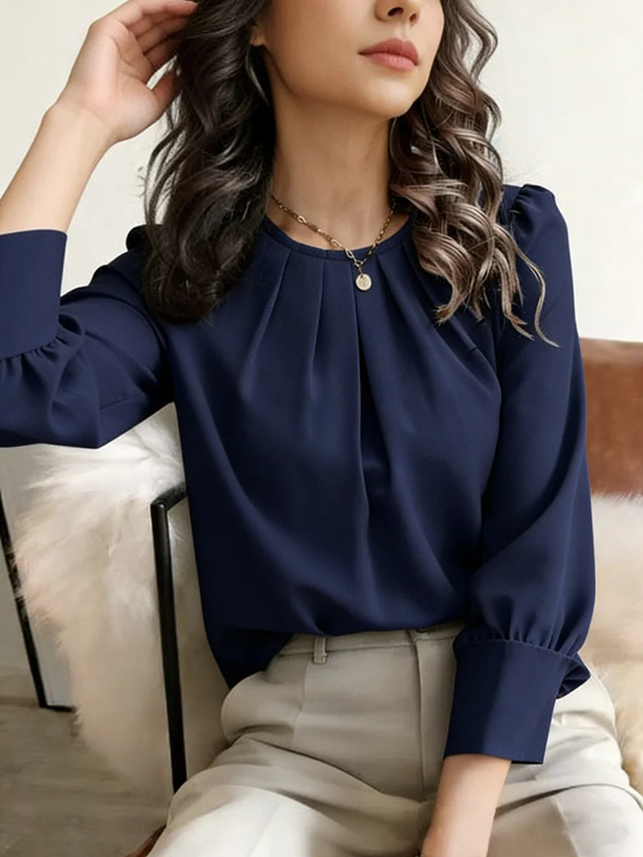 Women's Blouse Round Neck Long Sleeve Tops Solid Pleated Loose Tops Elegant Blouse Spring Summer Casual Blouse Office Light Tops