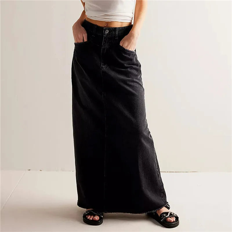 Vintage Women Denim Maxi Skirt Raw Hem A-Line Jean Skirt Casual Y2K Fashion High Waisted Long Denim Skirt with Pockets