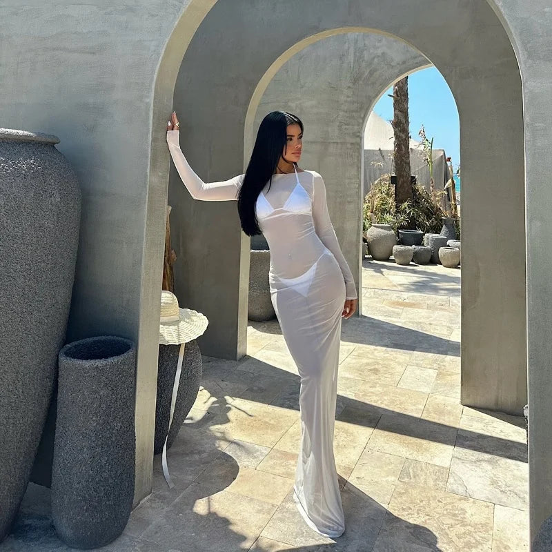 Women Slash Neck Mesh See-Through Dress New Sexy Slim Pullover Long Sleeve Floor-Length Solid Dresses Beach Style Swimsuit Cover