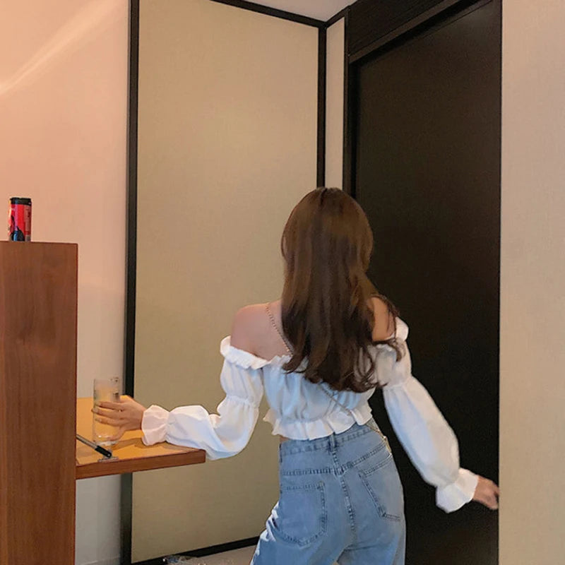 Women Top Sexy Blouse Off Shoulder Top Long Sleeve Solid Color White Shirt Puff Sleeve Ruffle Tunic Crop Top Summer Tube Top