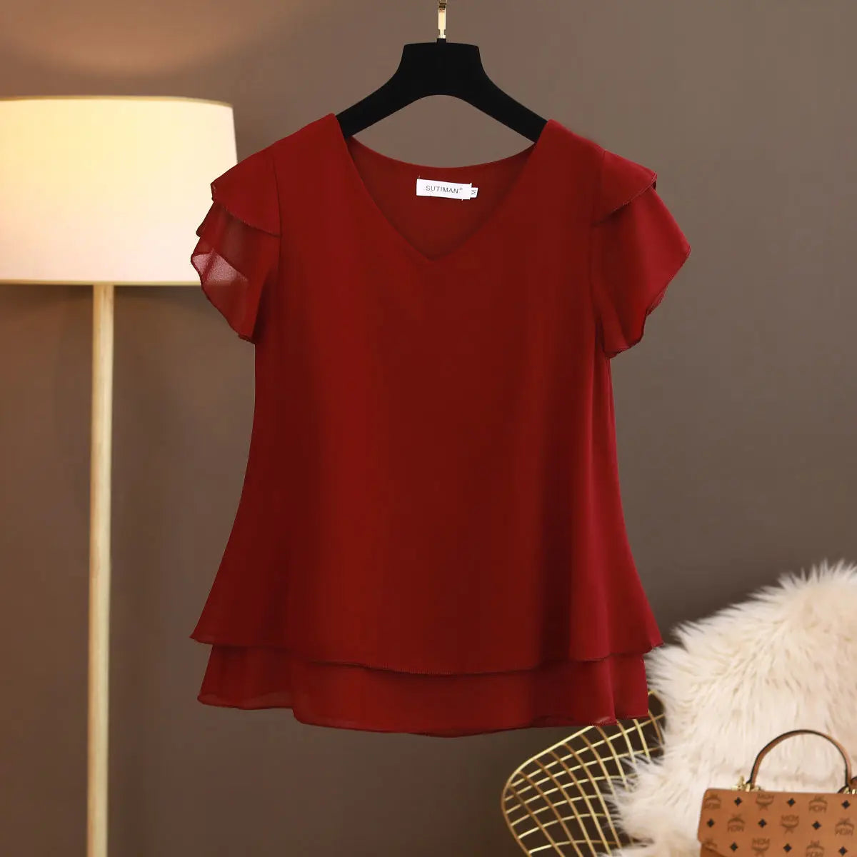 2026 New Summer Women Blouse Loose V-Neck Chiffon Shirt Female Short Sleeve Blouse Oversized Shirts womens tops and blouses Top