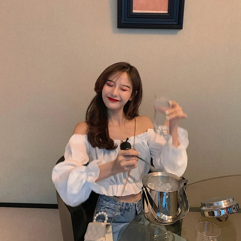 Women Top Sexy Blouse Off Shoulder Top Long Sleeve Solid Color White Shirt Puff Sleeve Ruffle Tunic Crop Top Summer Tube Top
