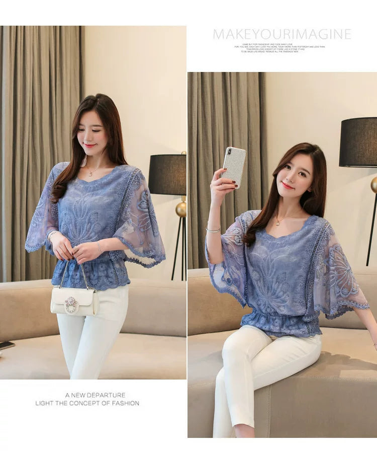 Women's Blouse Summer Fashion Elegant Women's Chiffon Shirt Hollow Out Three Quarter Shirts Butterfly Flower Lady Tops Clothing