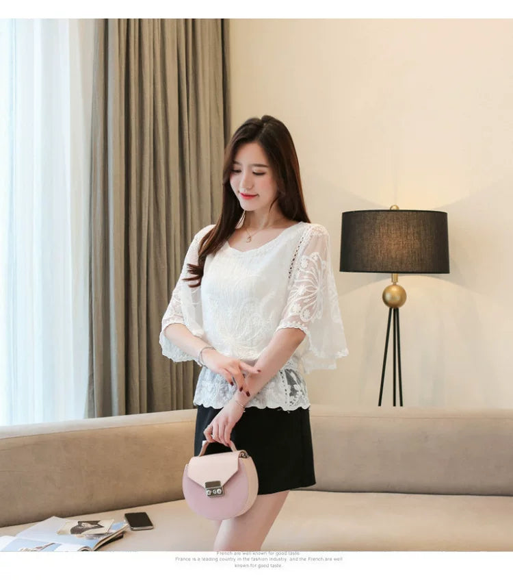 Women's Blouse Summer Fashion Elegant Women's Chiffon Shirt Hollow Out Three Quarter Shirts Butterfly Flower Lady Tops Clothing