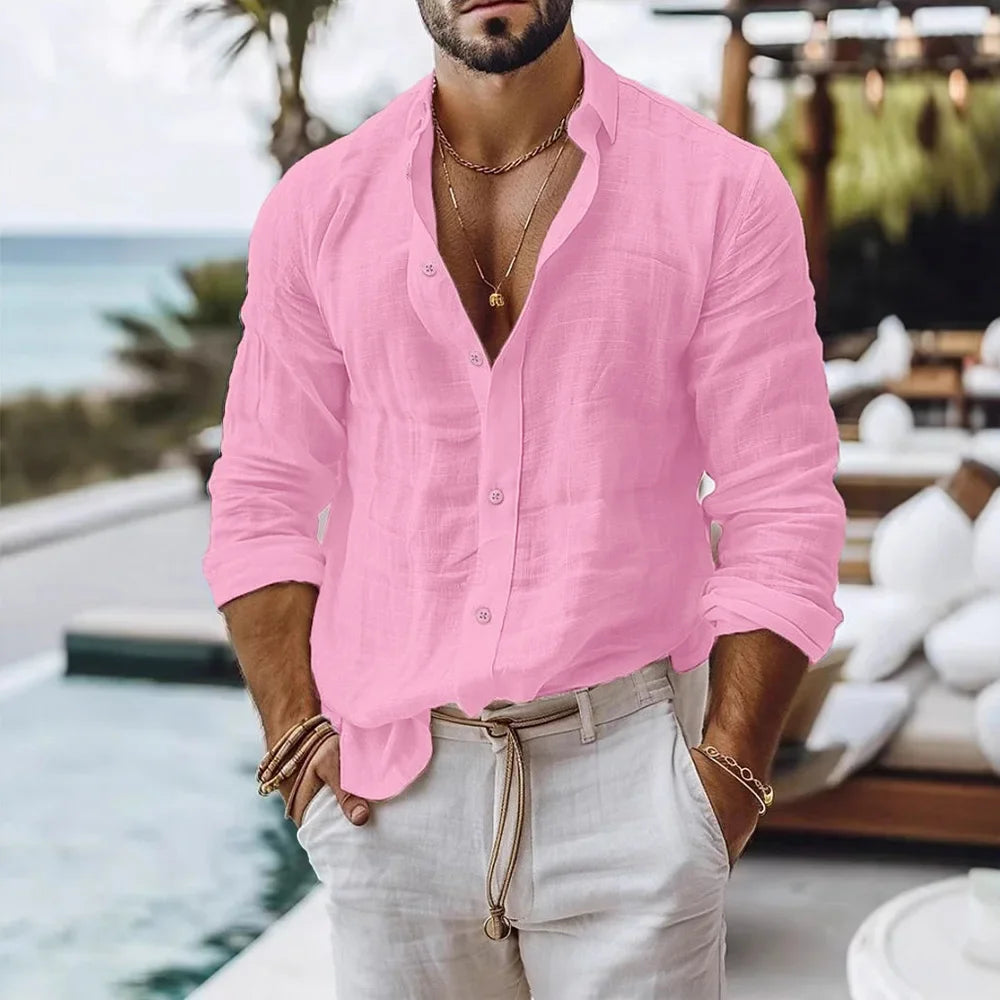Cotton Linen Shirt for Men Summer Beach Style Solid Color Single Breasted Breathable Shirts Lightweight Stylish Button Tops