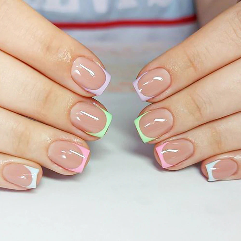 1BOX Candy Color French Short Square False Nails Pink/Green/Purple Full Cover Macarons Press On Nails DIY Artificial Manicure