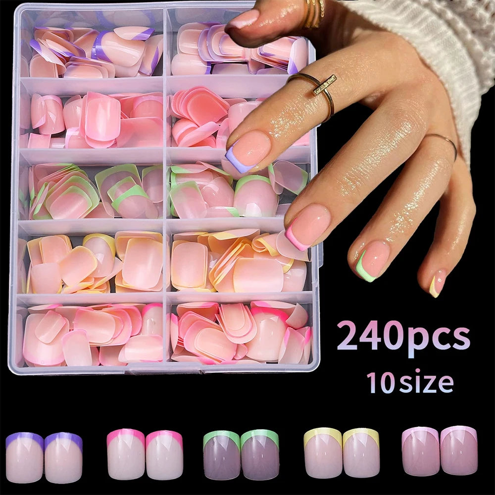 1BOX Candy Color French Short Square False Nails Pink/Green/Purple Full Cover Macarons Press On Nails DIY Artificial Manicure