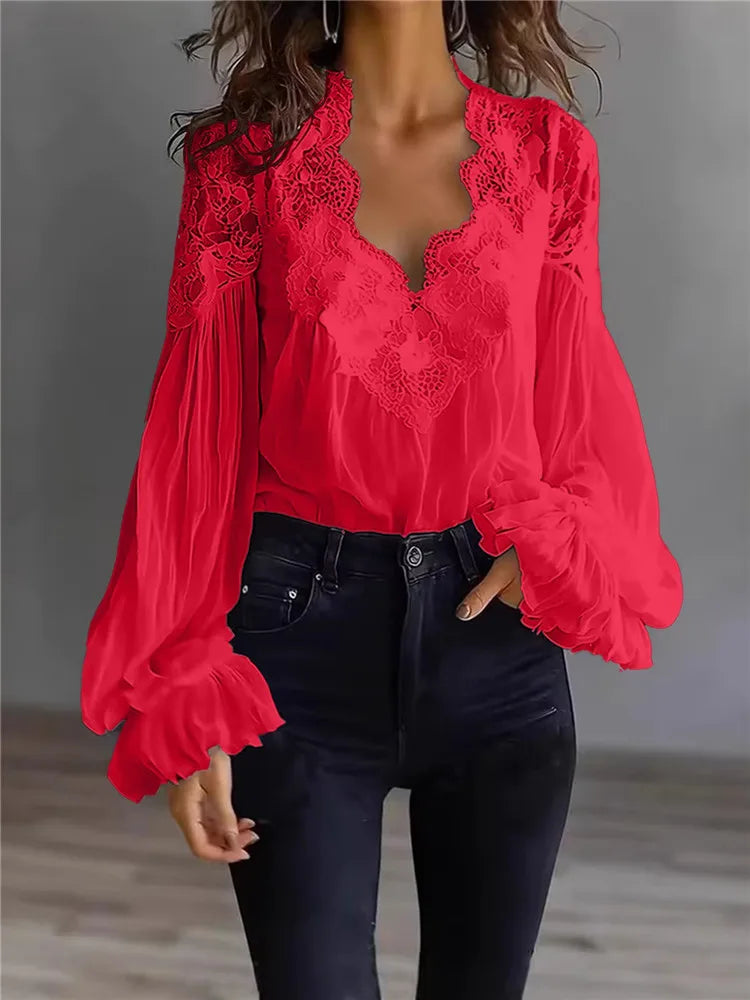 Women's Blouse Black White Elegant Sexy V-Neck Lace Splicing Lantern Sleeve Solid Blouse Fashion Loose Casual Shirts For Female