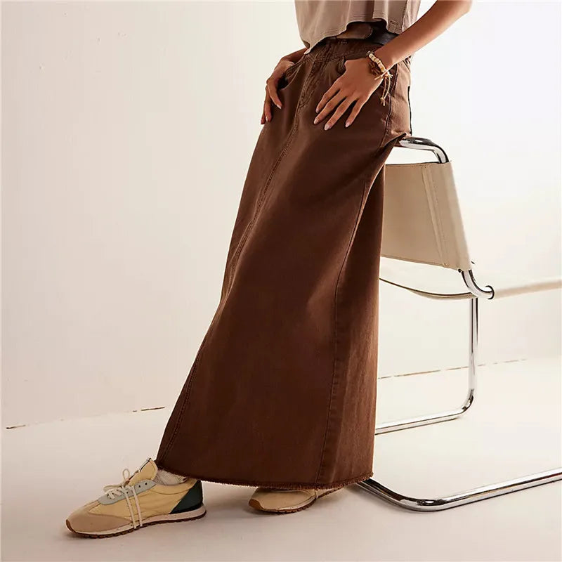 Vintage Women Denim Maxi Skirt Raw Hem A-Line Jean Skirt Casual Y2K Fashion High Waisted Long Denim Skirt with Pockets