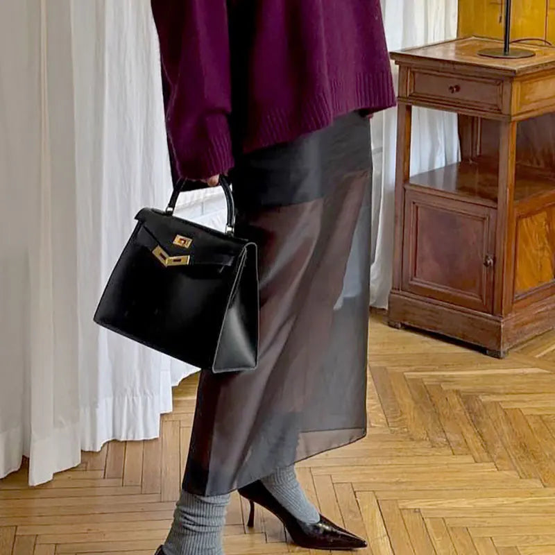 Tsiisd Fashion See-Through High Waist Long Skirt Female Commute Slim Casual Solid Y2k Skirt Summer Women's Mesh Maxi Skirt 2026