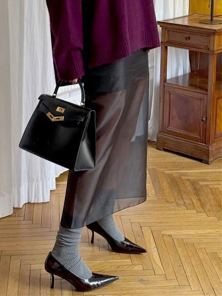 Tossy Summer See-Through High Waist Long Skirt Female Slim Patchwork Casual Solid Commute Y2k Skirt Women's Mesh Maxi Skirt 2025