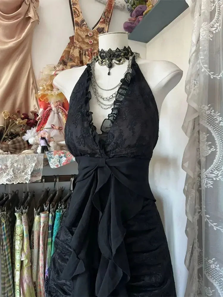 French Retro Slim Slash Neck Elegant Dress Women New Gothic Vintage Black Party Dresses High Street Chic Skinny Clothing 2025