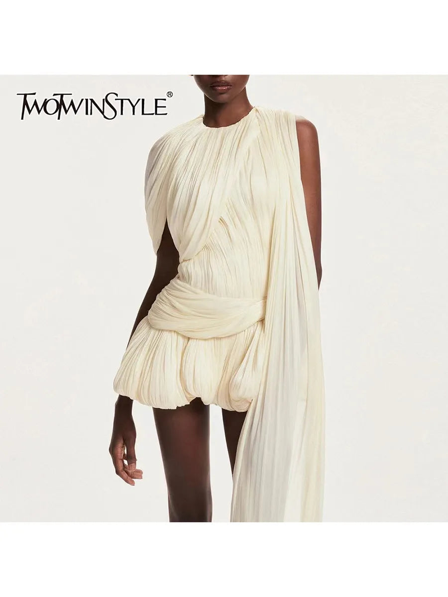 TWOTWINSTYLE Solid Spliced Mesh Mini Dresses For Women O Neck Sleeveless High Waist Temperament Mini Dress Female Fashion New