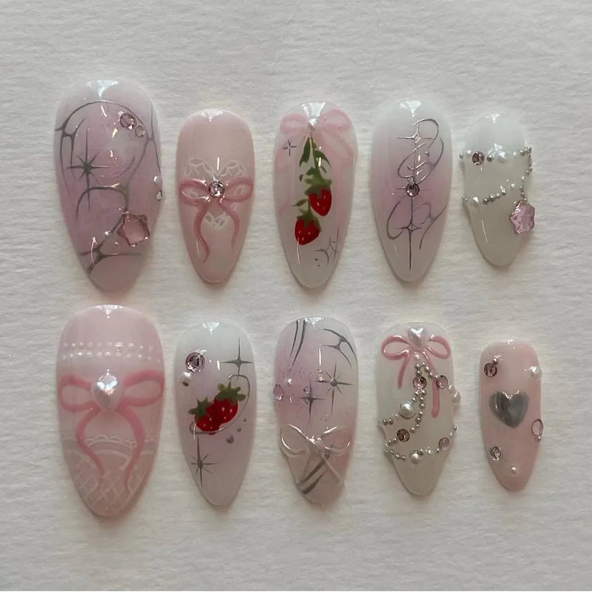 24PCS Medium Almond Press On Nails Wine Red Cute Cartoon Rabbit Bowknot Plaid Pearl False Nails Kawaii Nails Full Cover Wearable