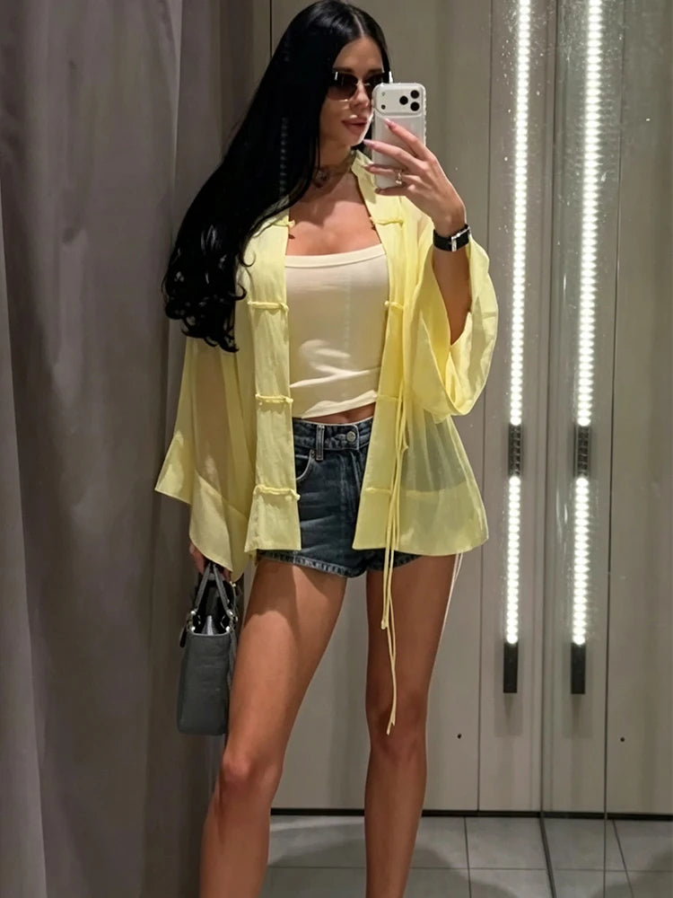Women Elegant Blouse For Women Loose Long Sleeve Shirts Female Single-breasted Casual Shirts Fashion See Through Thin Top
