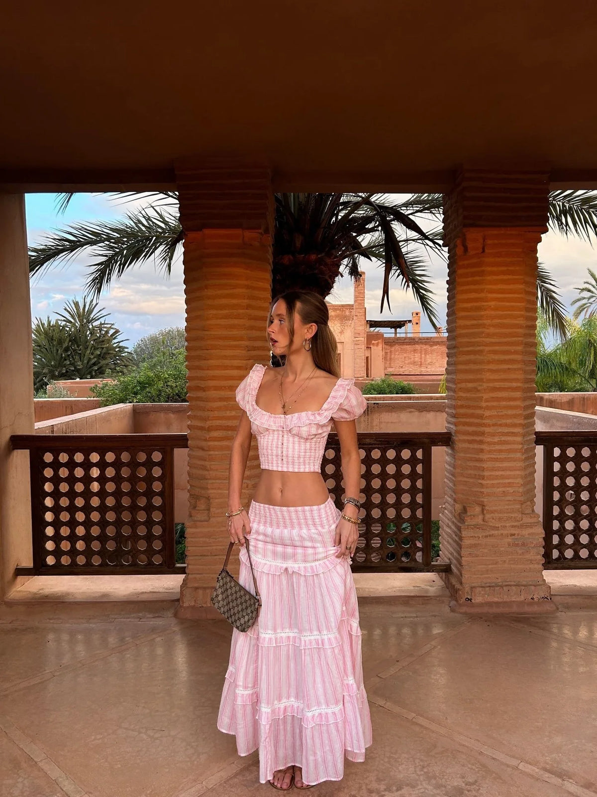 Striped Skirt Two-piece Summer New Product Bubble Sleeve Square Neck Short Top Low Waist Layered Skirt Women