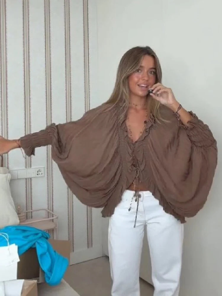Elegant Chic Brown Flowy Blouse Women Trendy V‑Neck Tie Front Ruffle Long Sleeve Loose Top Autumn New Lady Daily High Street Top