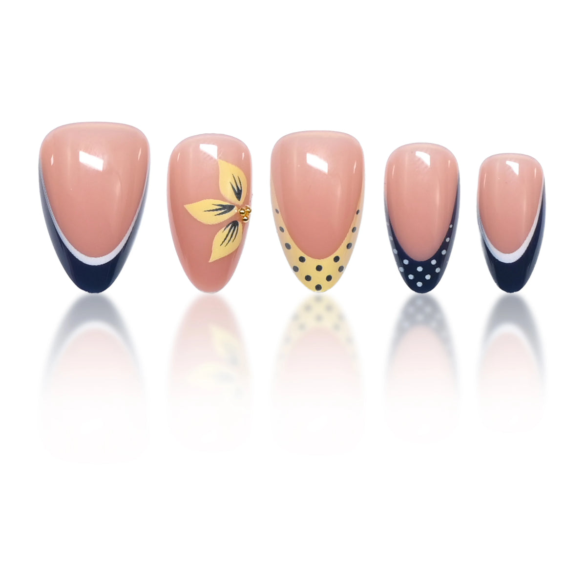 24 Handmade Almond Press-On Nails. Sheer Nude Base, Navy French Tips with White Polka Dots, Yellow Polka Dot Tips & Hand-Painted