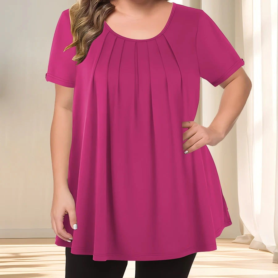[Elegant Plus Size Blouse] Lightweight Polyester Women's Casual Crew Neck Short Sleeve Blouse, Plus Size | Solid Color, Subtle S