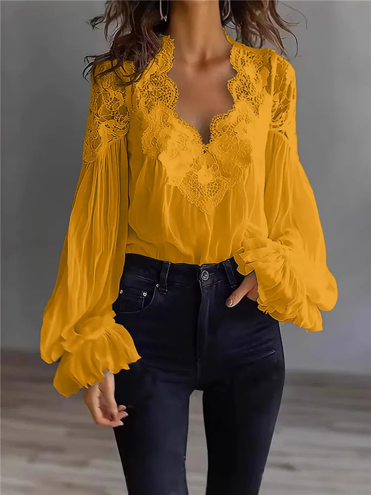 Women's Blouse Black White Elegant Sexy V-Neck Lace Splicing Lantern Sleeve Solid Blouse Fashion Loose Casual Shirts For Female