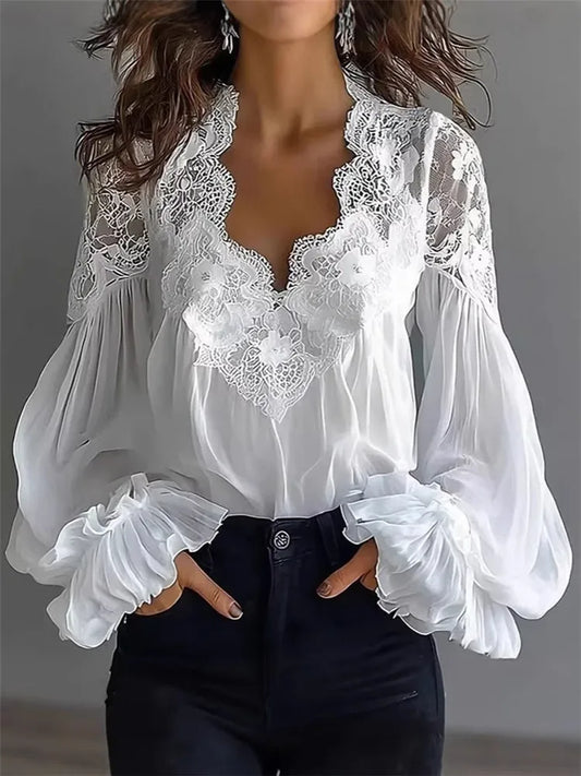 Women's Blouse Black White Elegant Sexy V-Neck Lace Splicing Lantern Sleeve Solid Blouse Fashion Loose Casual Shirts For Female