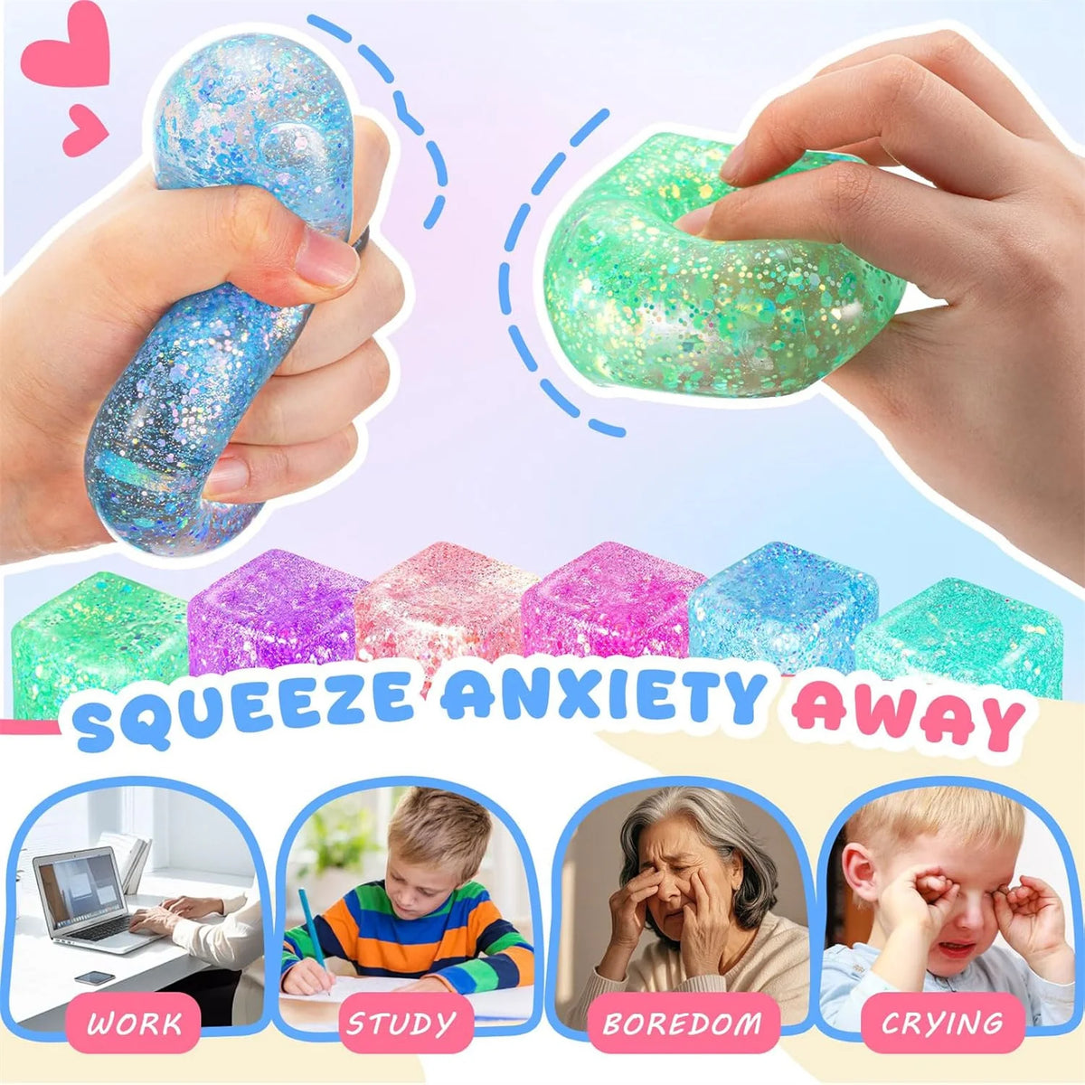 Slow Rise Glitter Stress Cube Stress Balls Malt Sugar Stress Balls for Adults & Kids ADHD Fidget Toys Anxiety Squishy Toys