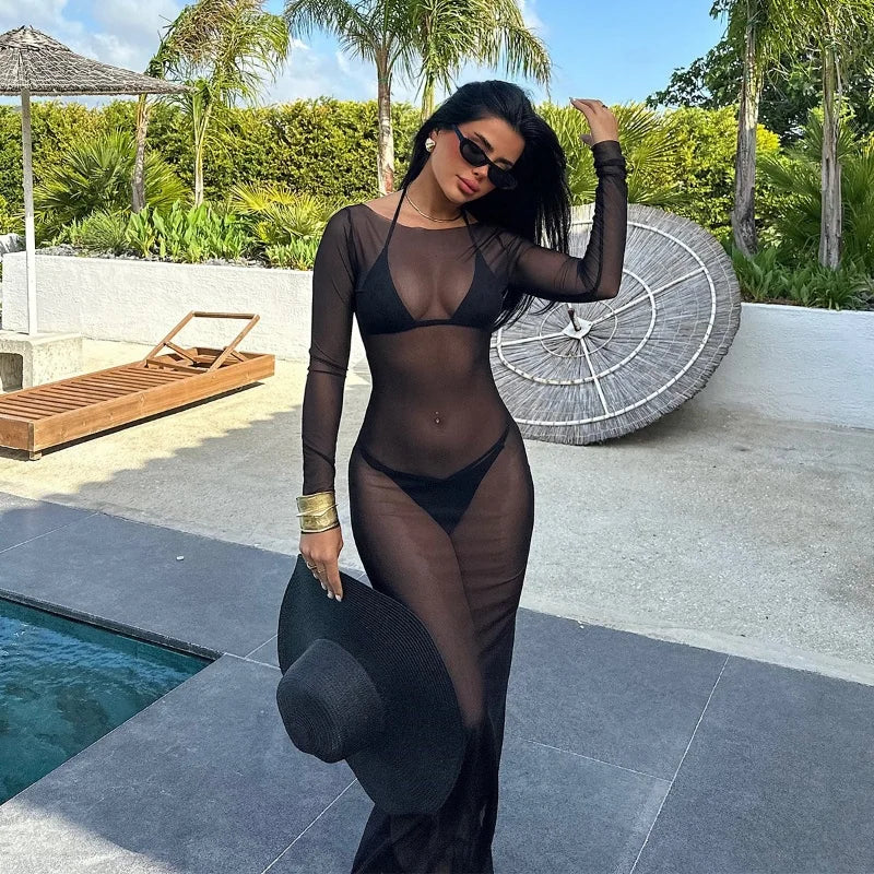 Women Slash Neck Mesh See-Through Dress New Sexy Slim Pullover Long Sleeve Floor-Length Solid Dresses Beach Style Swimsuit Cover