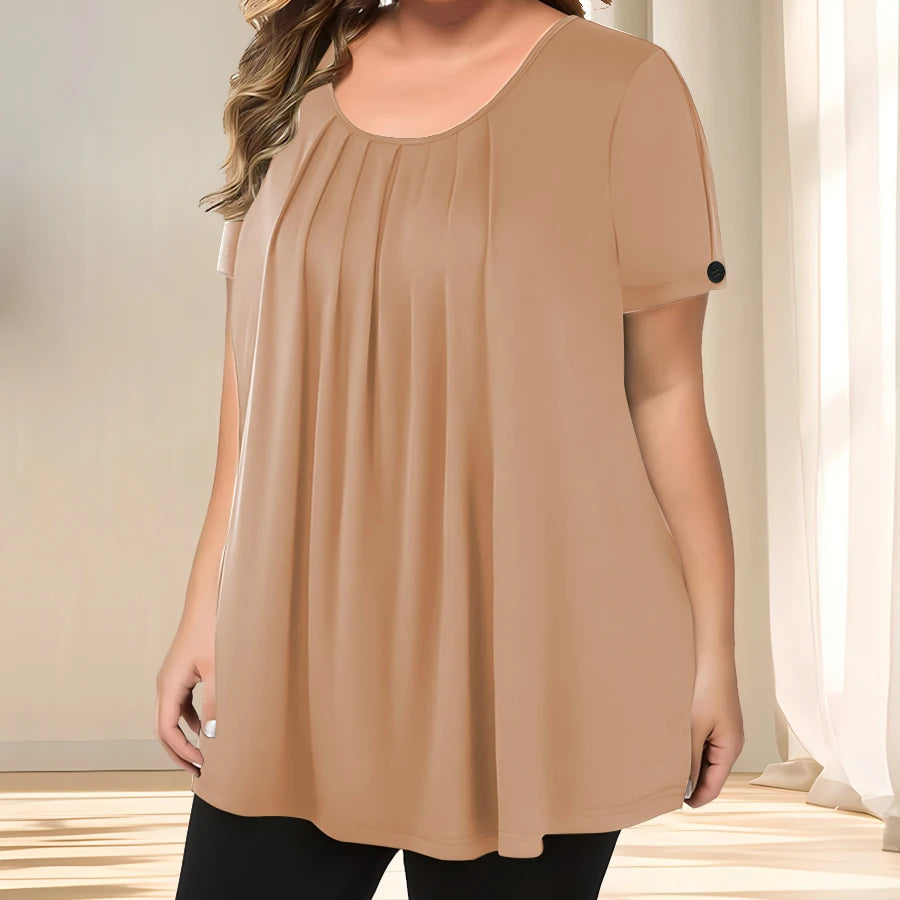 [Elegant Plus Size Blouse] Lightweight Polyester Women's Casual Crew Neck Short Sleeve Blouse, Plus Size | Solid Color, Subtle S