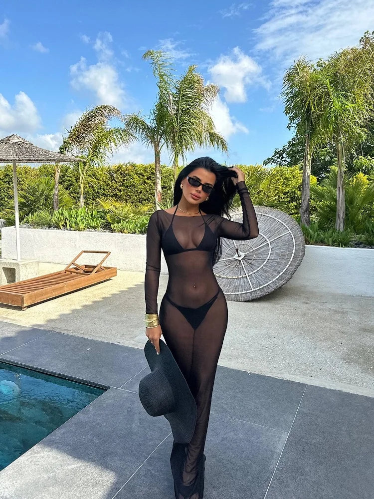 Women Slash Neck Mesh See-Through Dress New Sexy Slim Pullover Long Sleeve Floor-Length Solid Dresses Beach Style Swimsuit Cover