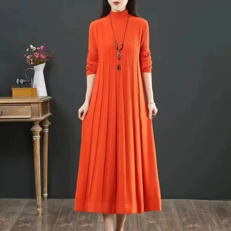 Autumn/Winter Women Knitted Dress 2025 New Solid Loose Pullover Half High Collar Long Knitted Sweater Dress Female High-Quality