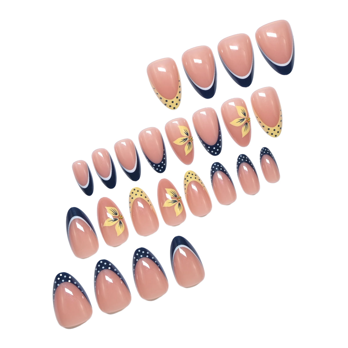 24 Handmade Almond Press-On Nails. Sheer Nude Base, Navy French Tips with White Polka Dots, Yellow Polka Dot Tips & Hand-Painted