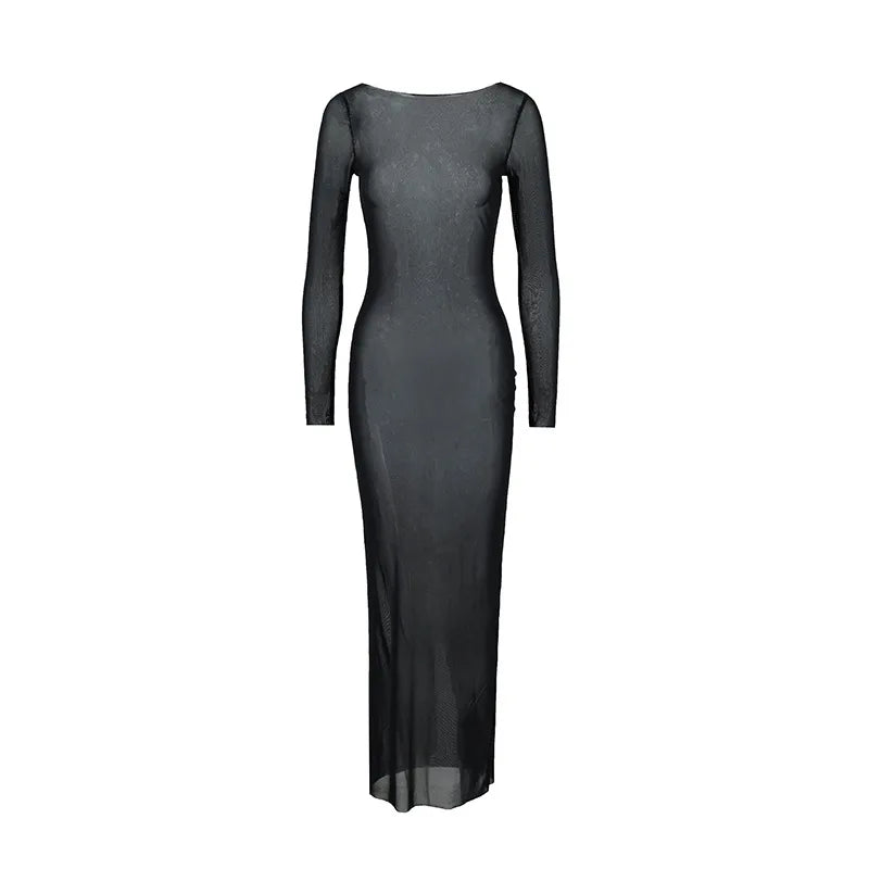 Women Slash Neck Mesh See-Through Dress New Sexy Slim Pullover Long Sleeve Floor-Length Solid Dresses Beach Style Swimsuit Cover