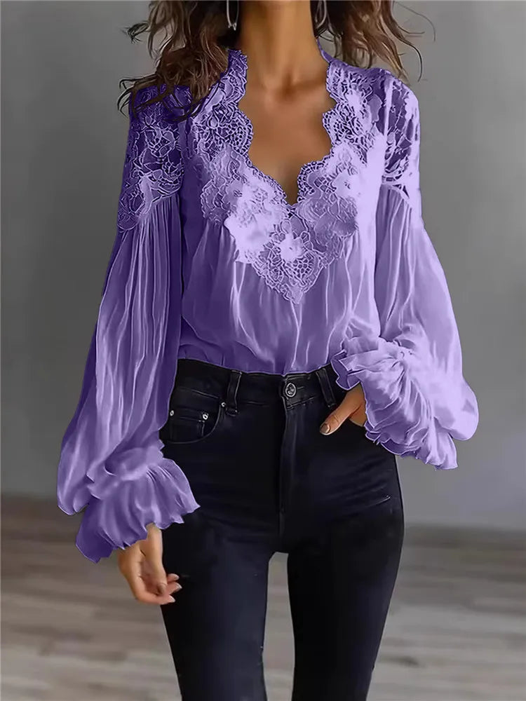Women's Blouse Black White Elegant Sexy V-Neck Lace Splicing Lantern Sleeve Solid Blouse Fashion Loose Casual Shirts For Female