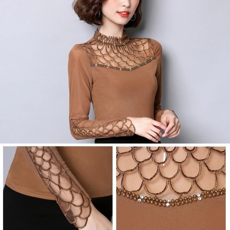 Women blouse shirt fashion long sleeve blouse Hollow out Lace tops Elegant Slim Patchwork