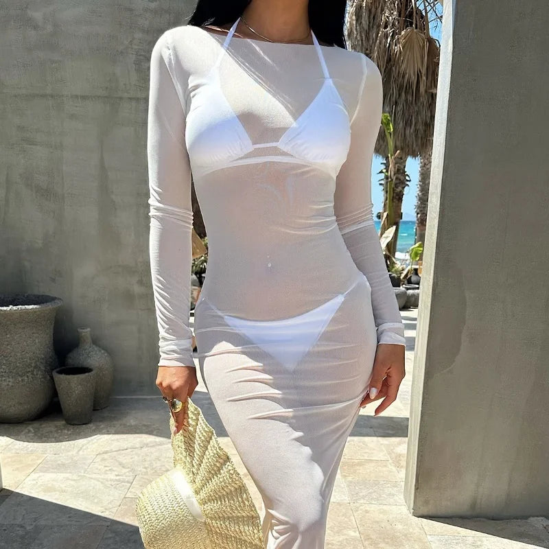 Women Slash Neck Mesh See-Through Dress New Sexy Slim Pullover Long Sleeve Floor-Length Solid Dresses Beach Style Swimsuit Cover