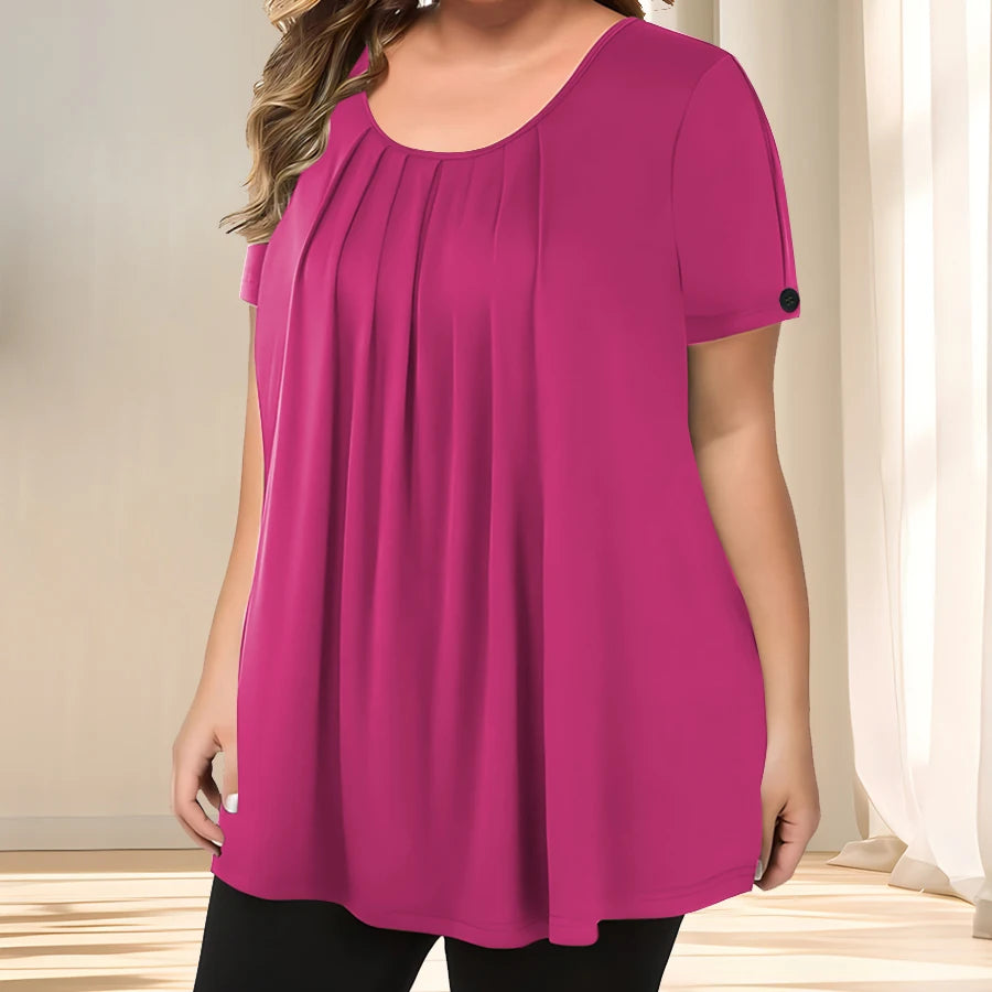 [Elegant Plus Size Blouse] Lightweight Polyester Women's Casual Crew Neck Short Sleeve Blouse, Plus Size | Solid Color, Subtle S