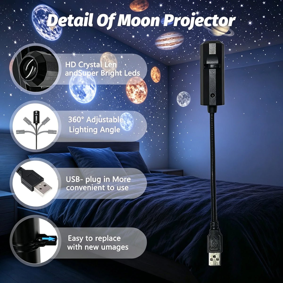 Galaxy Planet Projector Night Light USB Plug And Play HD Star Projector Space Ambient Lighting for Room Ceiling Decor Wall Lamp