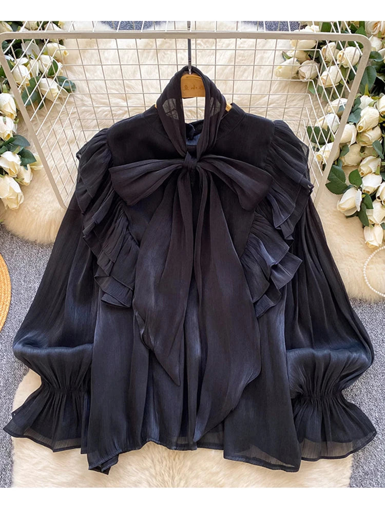 Women Blouse Elegant Bow-detailed Chiffon Blouse Ruffle Hem Featuring Lightweight Layering Piece Spring Summer Blusa Top BL341