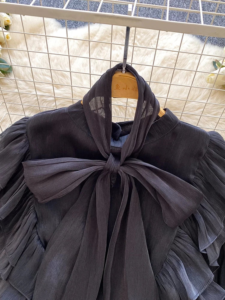 Women Blouse Elegant Bow-detailed Chiffon Blouse Ruffle Hem Featuring Lightweight Layering Piece Spring Summer Blusa Top BL341