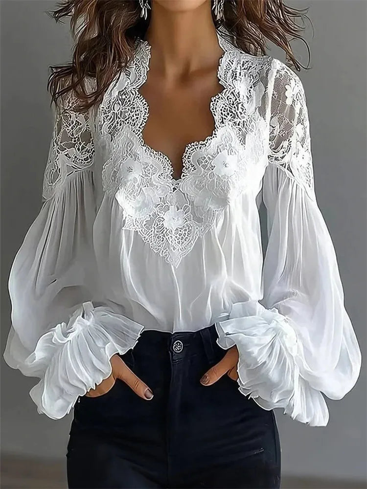 Women's Blouse Black White Elegant Sexy V-Neck Lace Splicing Lantern Sleeve Solid Blouse Fashion Loose Casual Shirts For Female