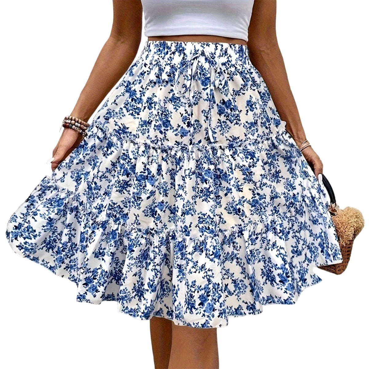 Women's Spliced Cake Skirt Fashionable Floral Print Elastic Waist Strap Versatile Casual Skirts Comfortable knee-length skirt