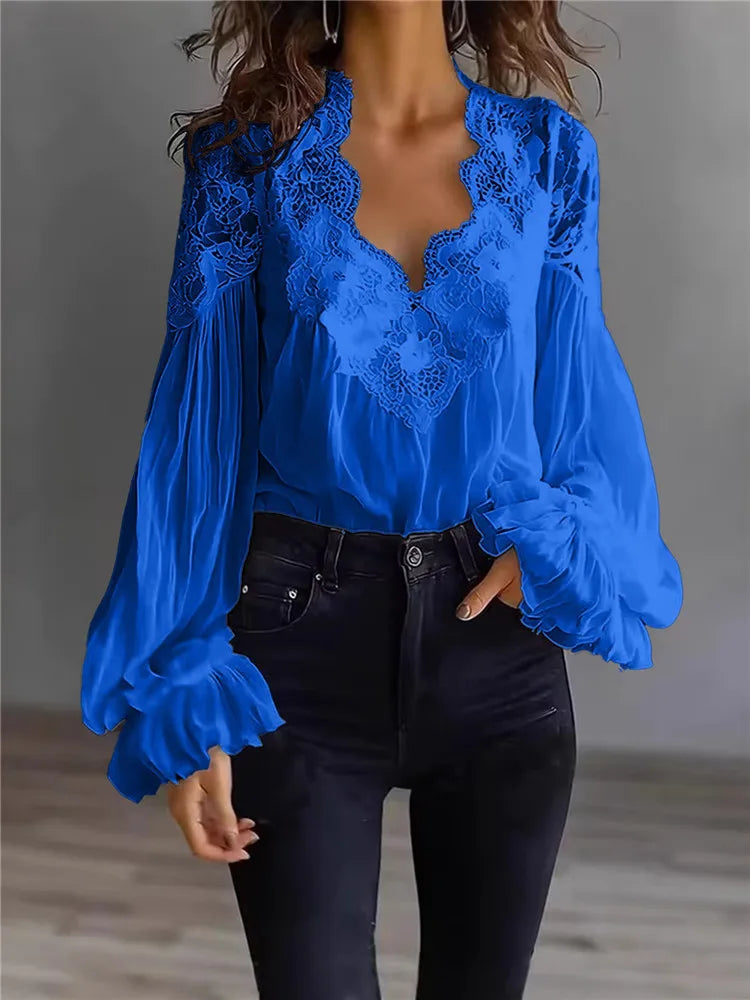 Women's Blouse Black White Elegant Sexy V-Neck Lace Splicing Lantern Sleeve Solid Blouse Fashion Loose Casual Shirts For Female
