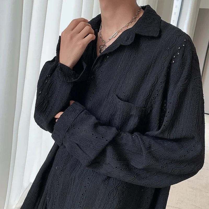 New Men's Personalized Shirts Men Handsome Lapel Blouse Vacation Hollow Out Sexy Fashion Clothing Male Mesh Long Sleeve Shirts