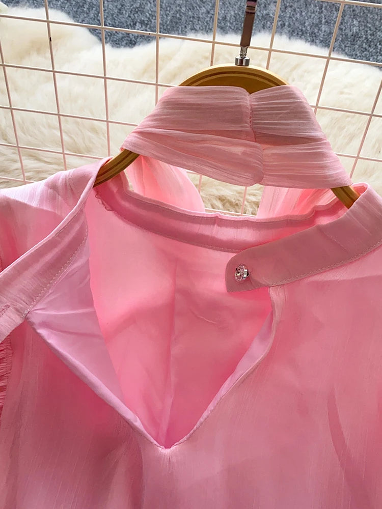 Women Blouse Elegant Bow-detailed Chiffon Blouse Ruffle Hem Featuring Lightweight Layering Piece Spring Summer Blusa Top BL341