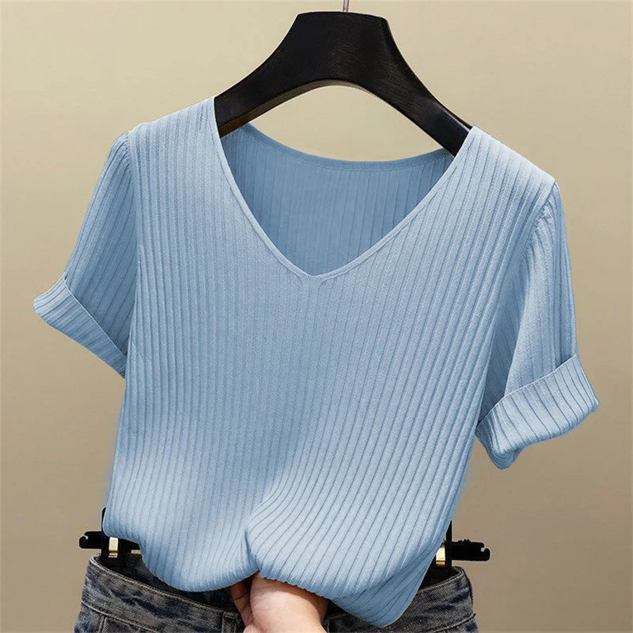 2026 Summer Blouse Women Blusas Mujer De Moda Verano Short Sleeve Blouse V-Neck Knitted Blouse Shirt Tops Women Blusas