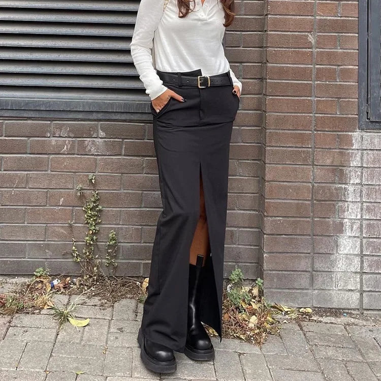 Black Skirt 2025 Summer Design Split Satin Women's Long Skirt