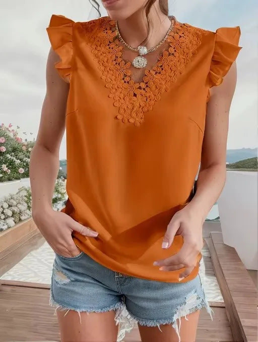 Elegant women's blouse with lace, sleeveless, summer tunic, office-appropriate, V-neck blouse