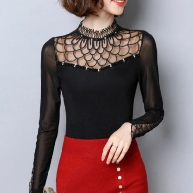 Women blouse shirt fashion long sleeve blouse Hollow out Lace tops Elegant Slim Patchwork