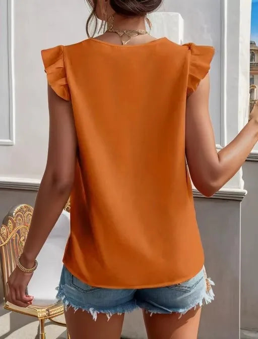 Elegant women's blouse with lace, sleeveless, summer tunic, office-appropriate, V-neck blouse